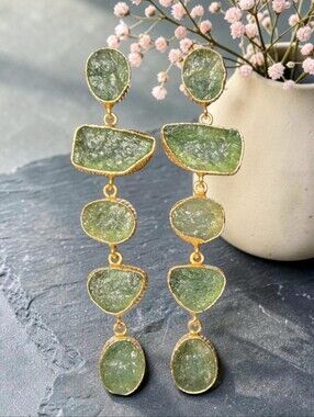 22k Gold Plated Artisan Raw Green Strawberry Quartz Crystal Dangle Earrings